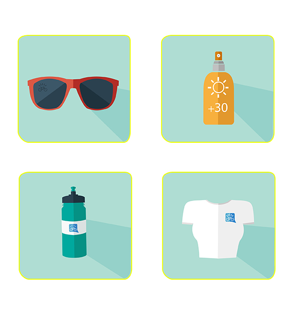 quattro cose per pedalare in estate: occhiali da sole, protezione solare, borraccia, intimo traspirante