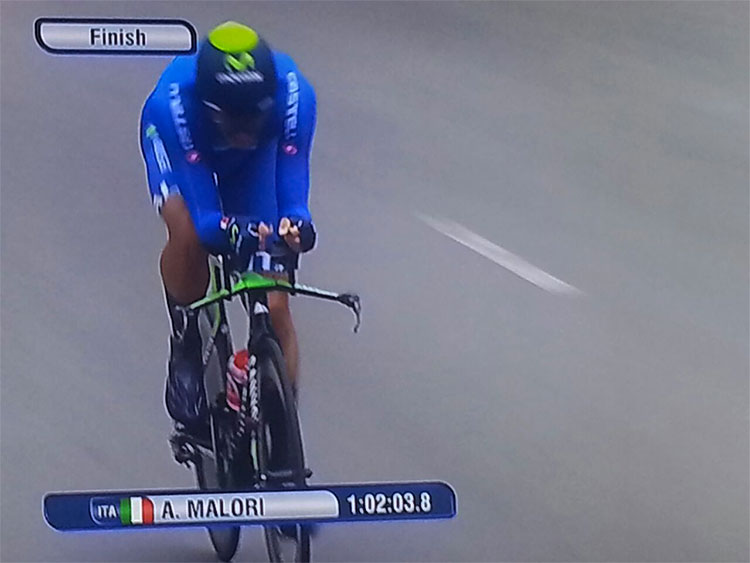 Adriano Malori all'arrivo della crono ai Mondiali di ciclismo a Richmond 2015