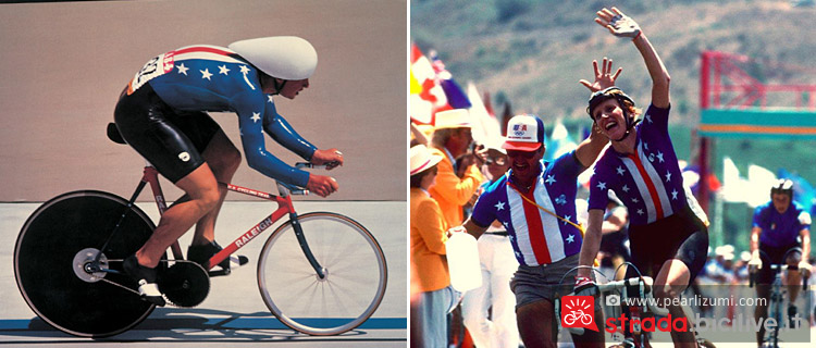 ciclisti con abbigliamento Pearl Izumi durante le olimpiadi di Los Angeles 1984