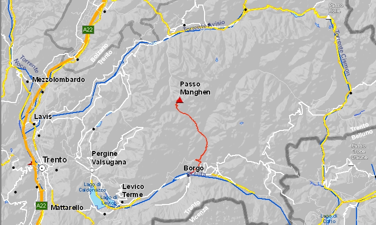 cartina del passo Manghen da borgo valsugana
