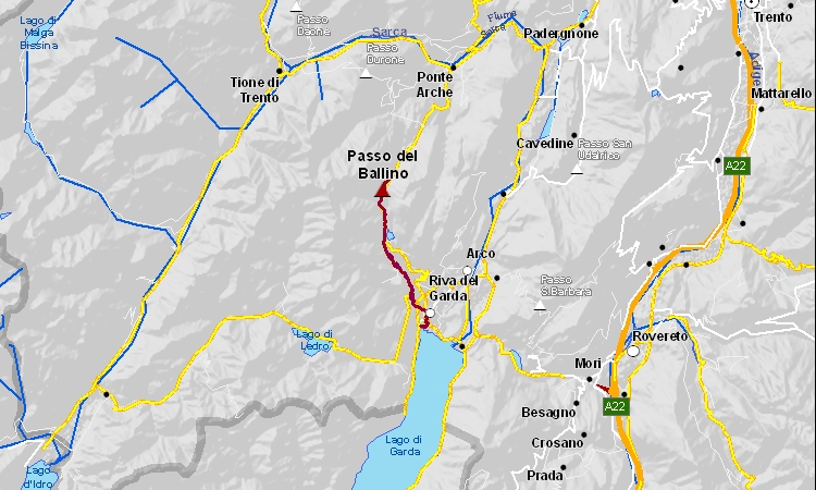 mappa della salita al passo Ballino da Riva del Garda