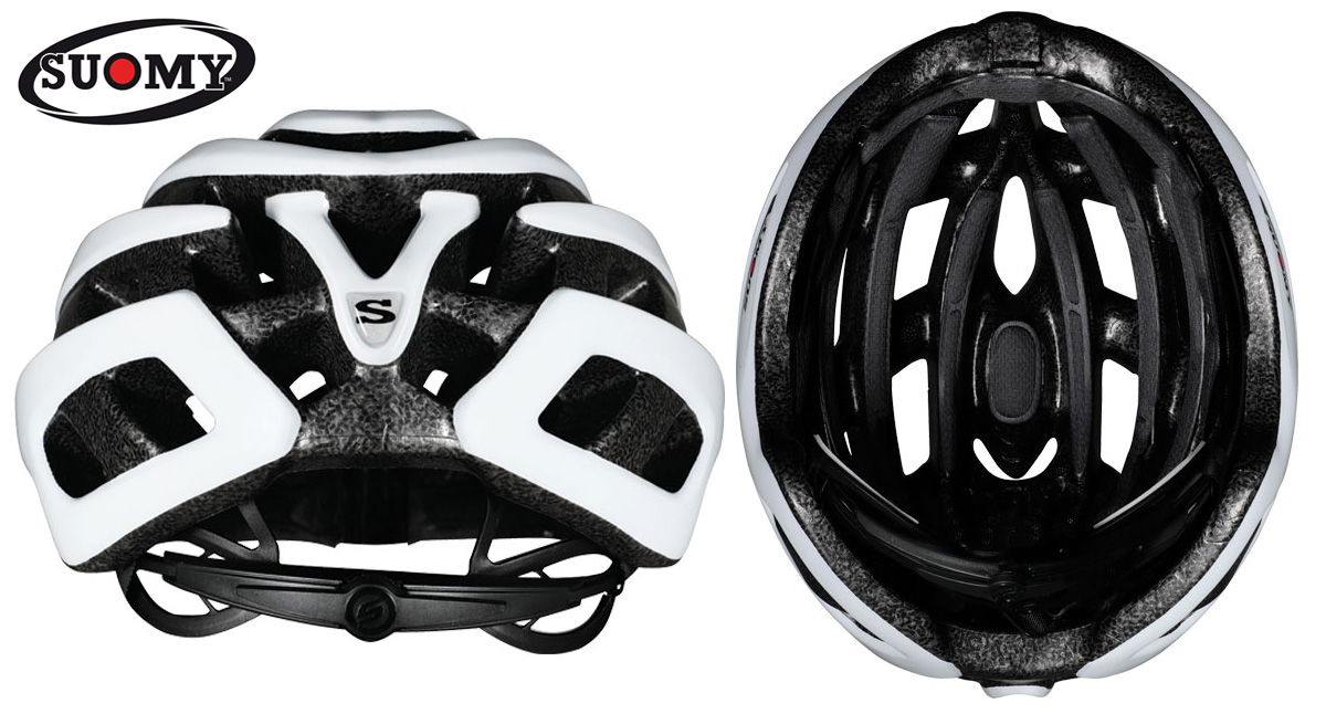 Una casco bici Suomy Vortex visto sul retro e all'interno
